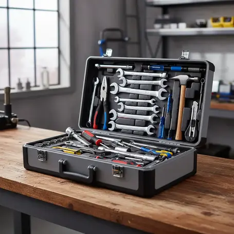 Open tool case on a table